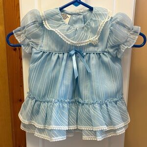 Light Blue Lace-Trim Girls' Dress with Ribbon Bow